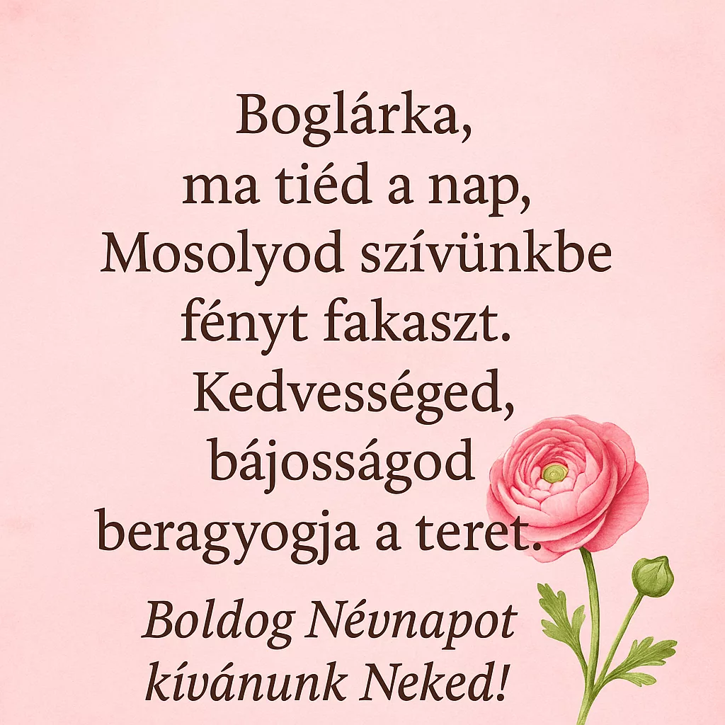 2025. augusztus 31-én Boglárka névnap alkalmából készült összeállításunkban megtalálod a név jelentését, eredetét, híres viselőit, valamint szívhez szóló idézeteket, verseket és névnapi köszöntőket, hogy különlegessé tedd ezt a napot.